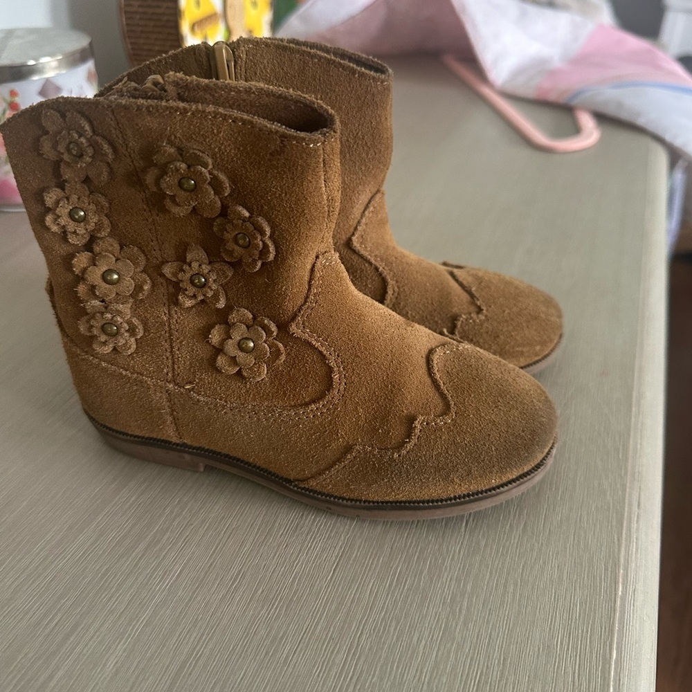 Kids Suede Flower Western Boots - Brown